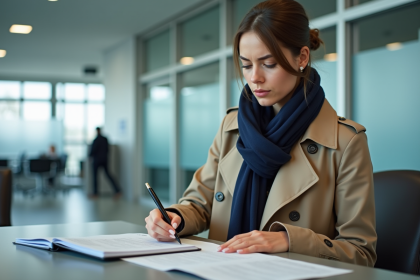 Jeune femme remplissant des papiers de voyage au guichet