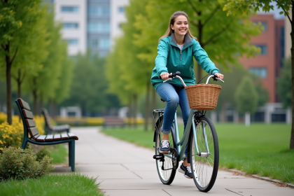 Jeune femme à vélo dans un parc urbain verdoyant