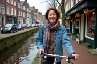 Femme néerlandaise souriante avec vélo vintage sur canal
