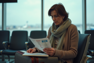 Femme d'âge moyen dans un salon d'aéroport avec valise et documents