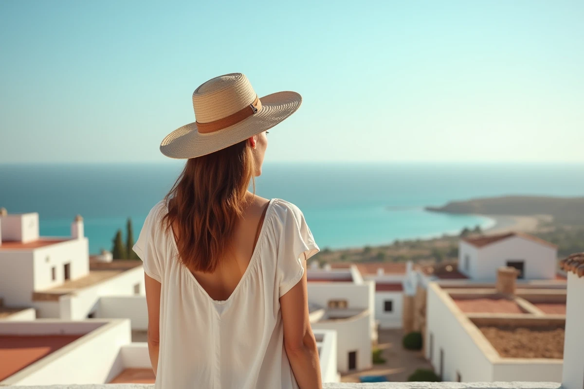 Femme voyageant sur une terrasse avec vue sur la mer à Djerba