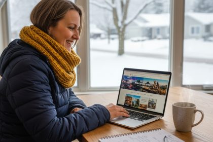 Femme souriante en hiver utilisant un ordinateur portable