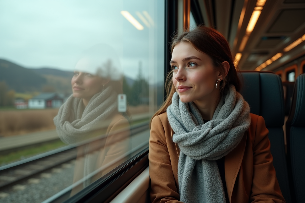 Jeune femme regardant par la fenetre d
