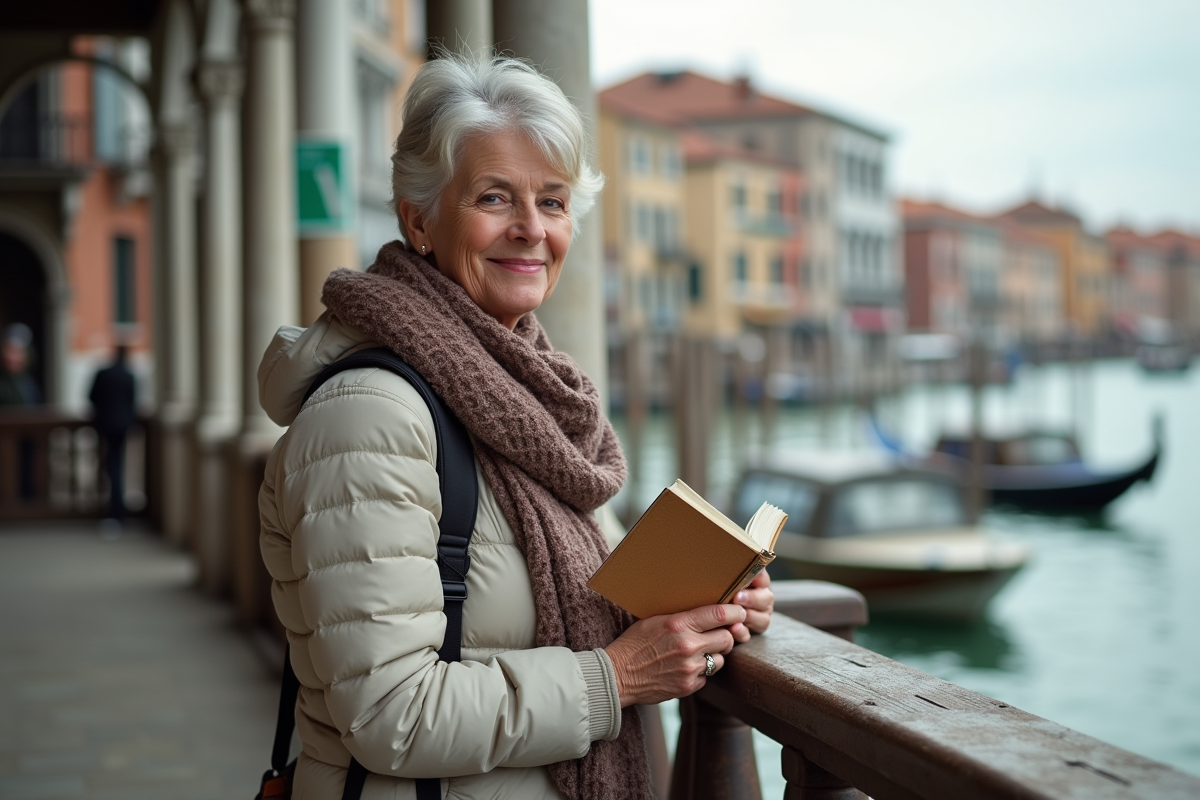 Femme souriante avec guide à Venise sur le quai en bois