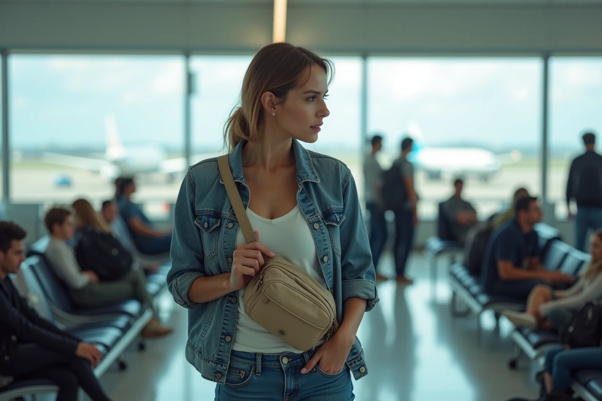 Femme en voyage ajustant son sac à laéroport