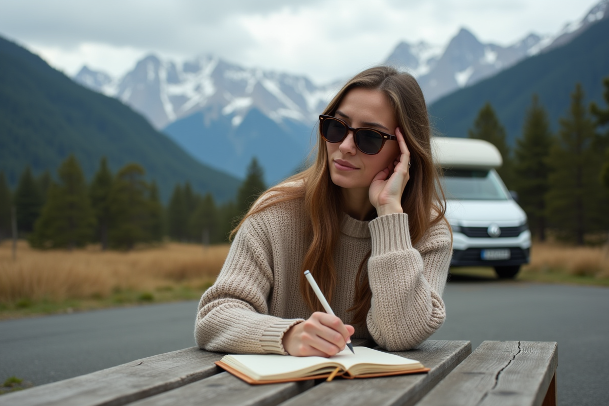 Femme voyageuse écrivant dans un journal en nature