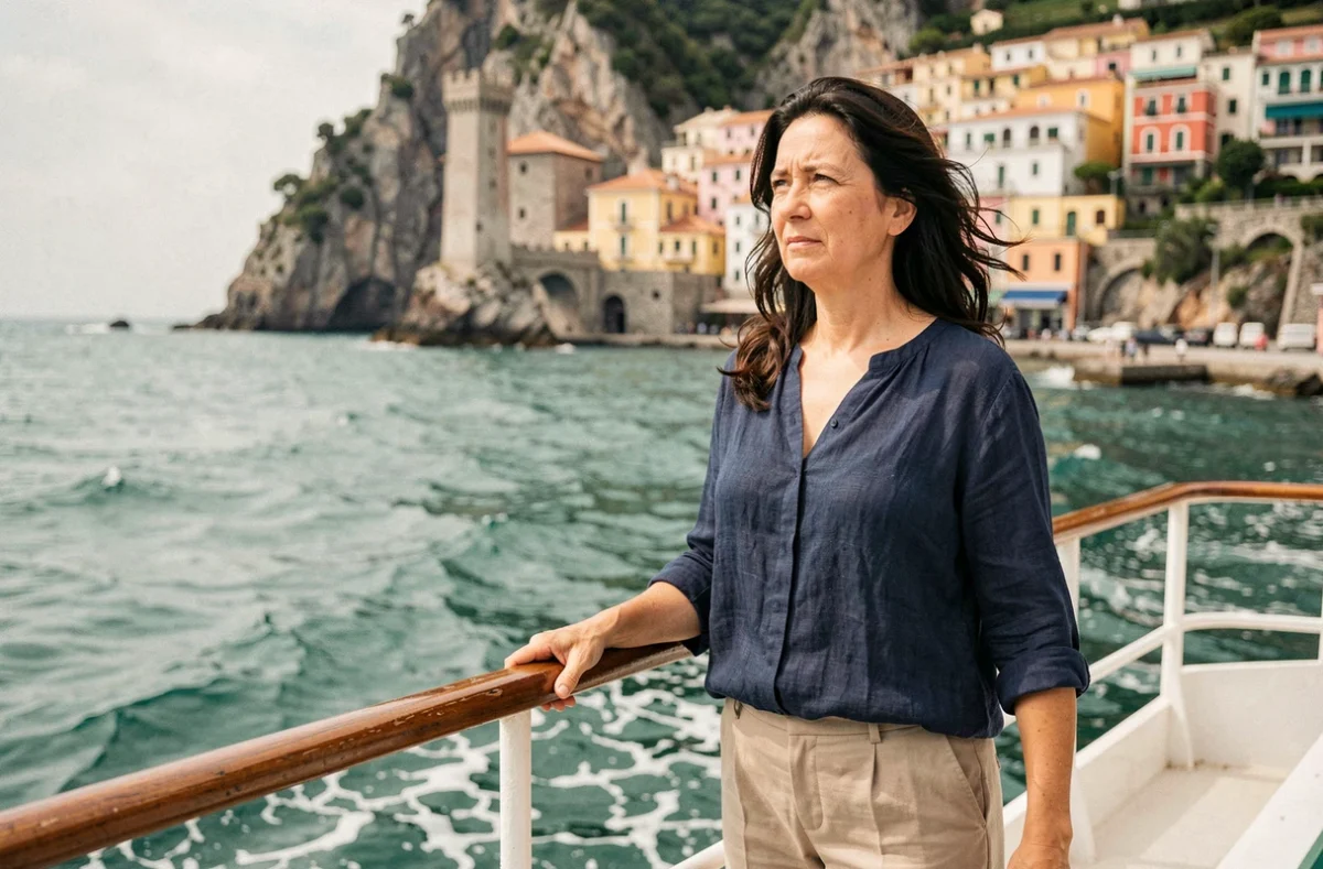 Femme sur le ferry traversant le golfe des Poètes vers Porto Venere avec la côte en arrière-plan