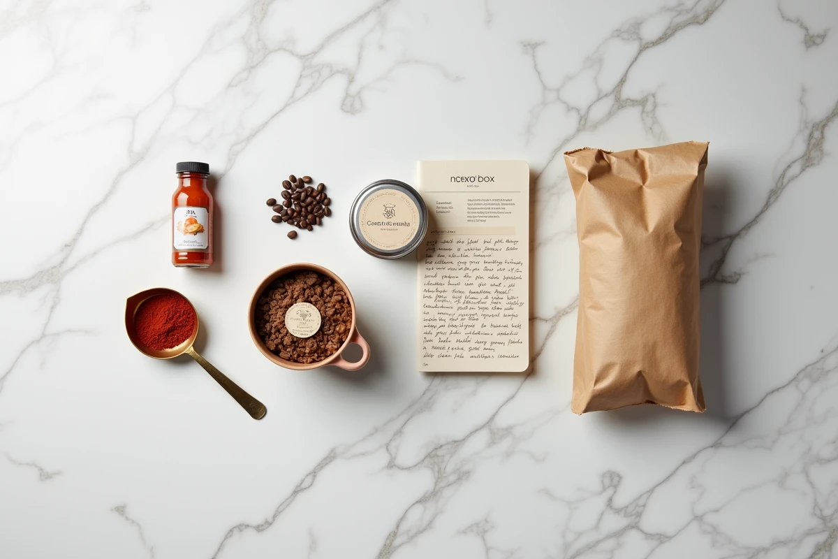 Vue de dessus des produits d'une box voyage culinaire disposés sur marbre blanc, épices café et guide de dégustation