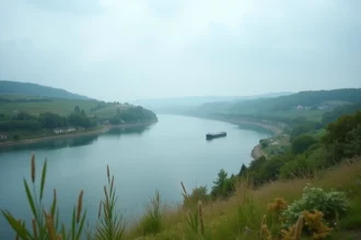 Vue panoramique du fleuve Rhin traversant une plaine alluviale avec des collines viticoles en arrière-plan