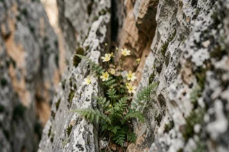 Flore endémique sarde poussant dans une fissure calcaire des parois du canyon de Gorropu en Sardaigne