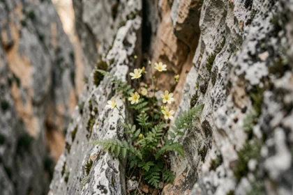 Flore endémique sarde poussant dans une fissure calcaire des parois du canyon de Gorropu en Sardaigne
