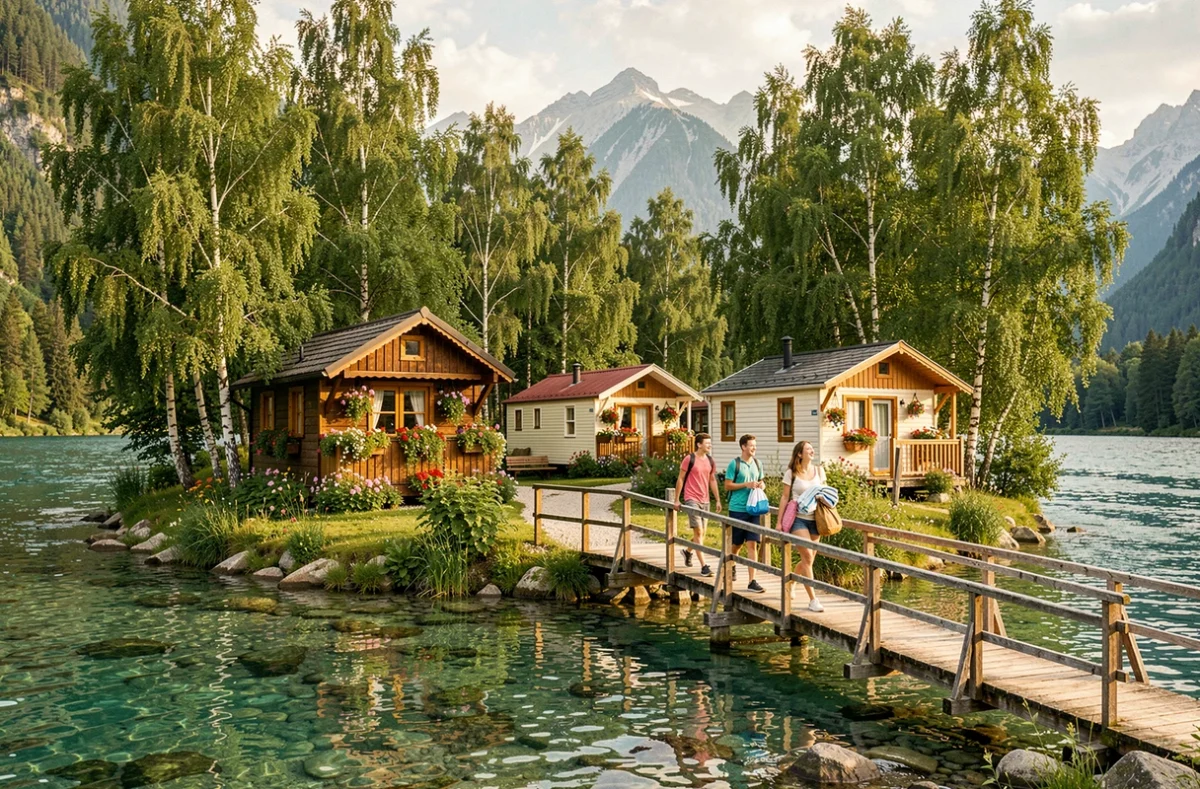 Flower Camping Les Iles avec chalets fleuris sur une île arborée entourée d'eau claire, famille traversant un pont en bois
