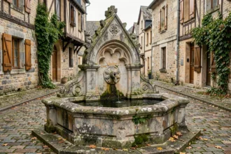 Fontaine d'Arlette à Falaise vue de face avec ses pierres médiévales en calcaire normand et son bassin en eau