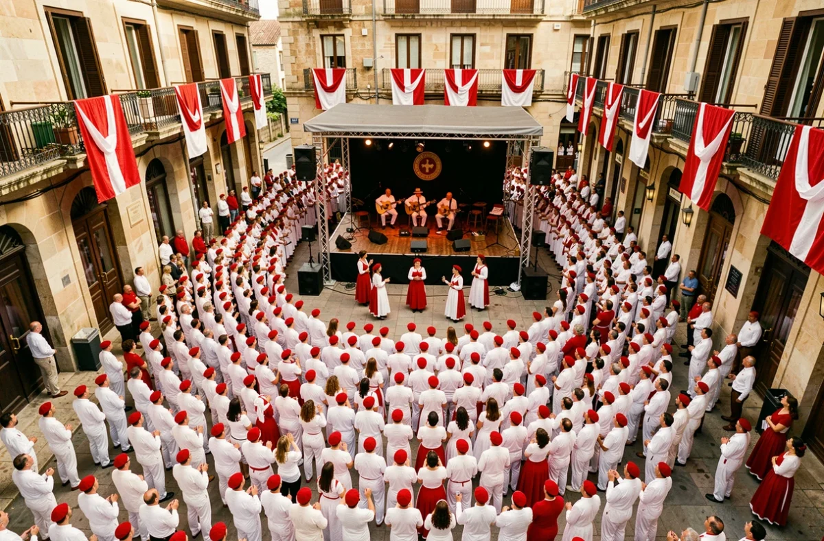 Vue aérienne de la foule en blanc et rouge sur une place de Bayonne lors des fêtes