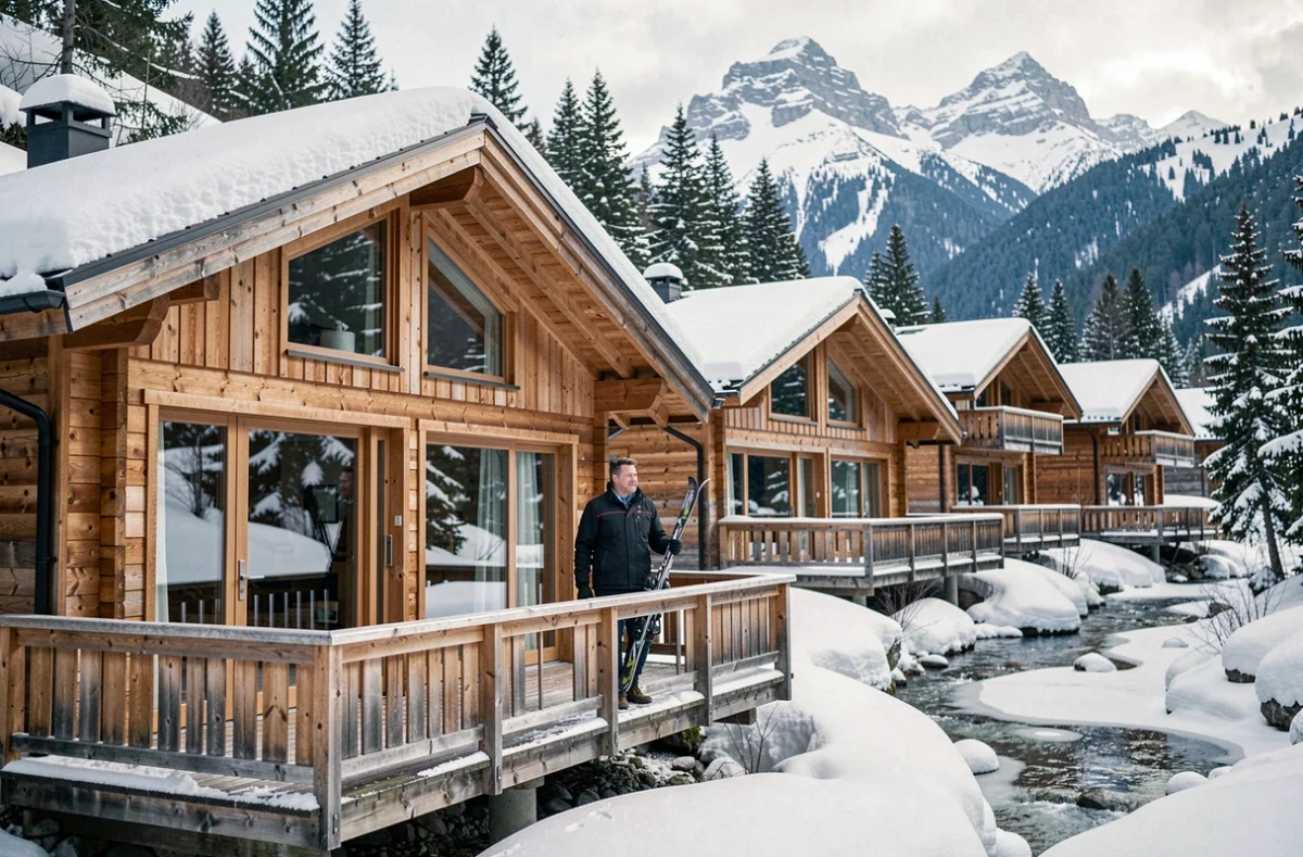 FranceComfort AlpChalets Portes du Soleil avec chalets en bois enneigés, homme chargeant des skis sur le porche en hiver