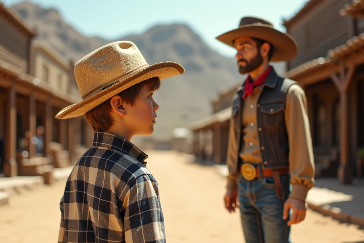 Jeune garçon regardant un mannequin cowboy dans la rue