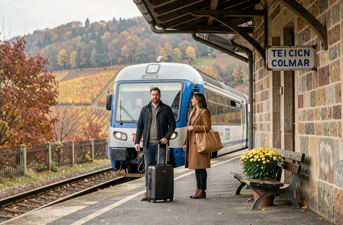 Couple montant dans un train TER avec valises sur le quai d'une petite gare alsacienne entourée de vignes en automne