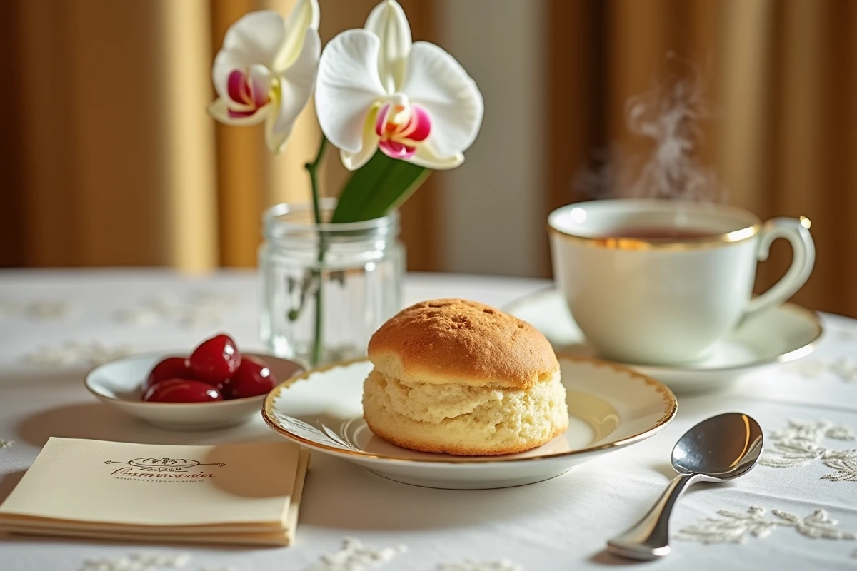 Gros plan d'un scone, confiture et thé Darjeeling sur table en damask au Burj Al Arab à Dubaï
