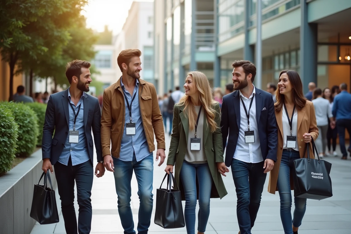 Groupe de blogueurs voyage discutant devant un centre urbain