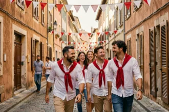 Groupe de jeunes adultes en tenue blanche et rouge dans les rues de Bayonne pendant les fêtes