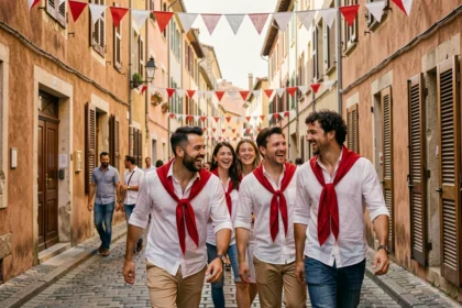 Groupe de jeunes adultes en tenue blanche et rouge dans les rues de Bayonne pendant les fêtes
