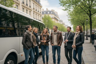 Groupe de six adultes souriants près d'un minibus à Paris