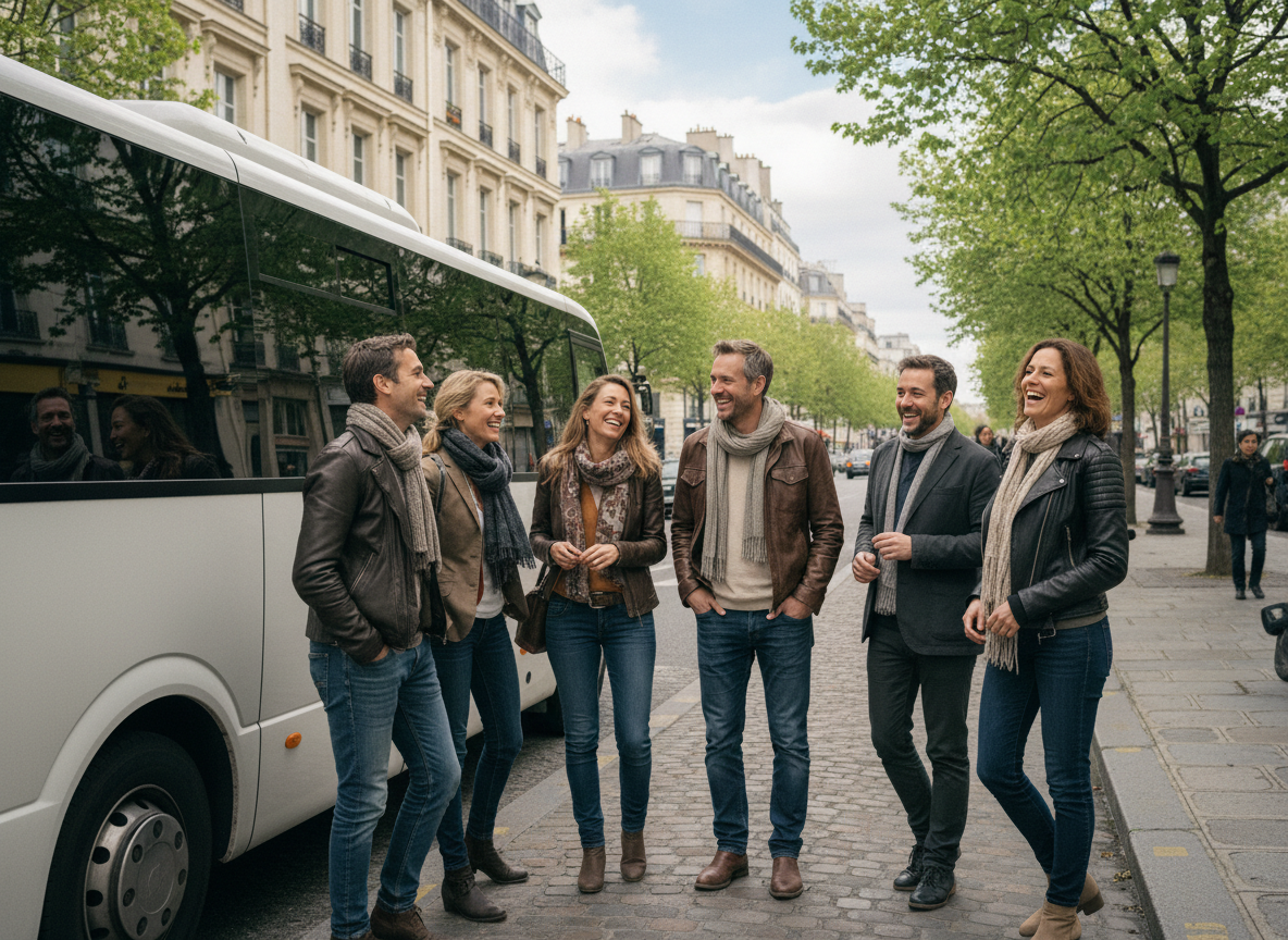 Groupe de six adultes souriants près d'un minibus à Paris