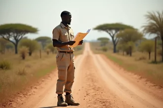 Jeune guide soudanais consulte une carte dans la savane