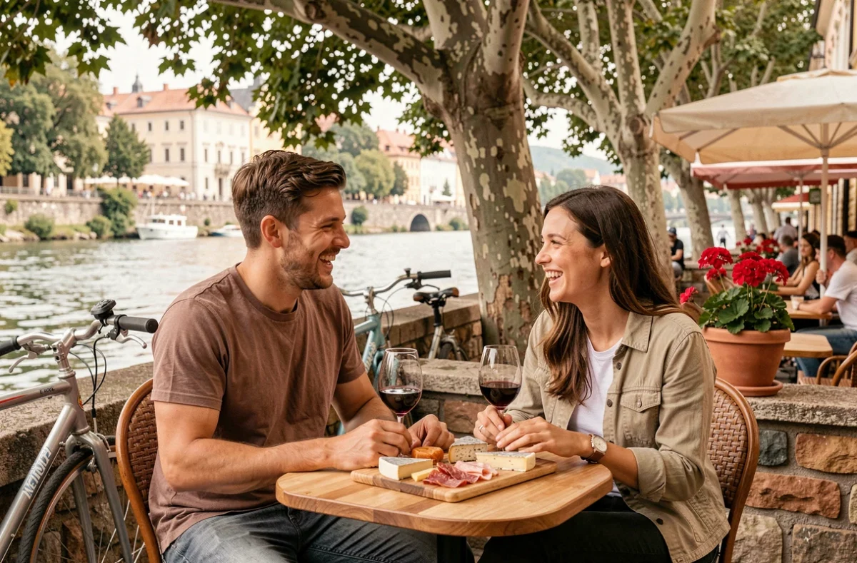 Deux cyclistes savourant une halte gourmande en terrasse au bord de la Ljubljanica à Ljubljana