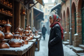 Femme iranienne en tenue traditionnelle visitant le bazar historique de Hamadan sous la neige en hiver