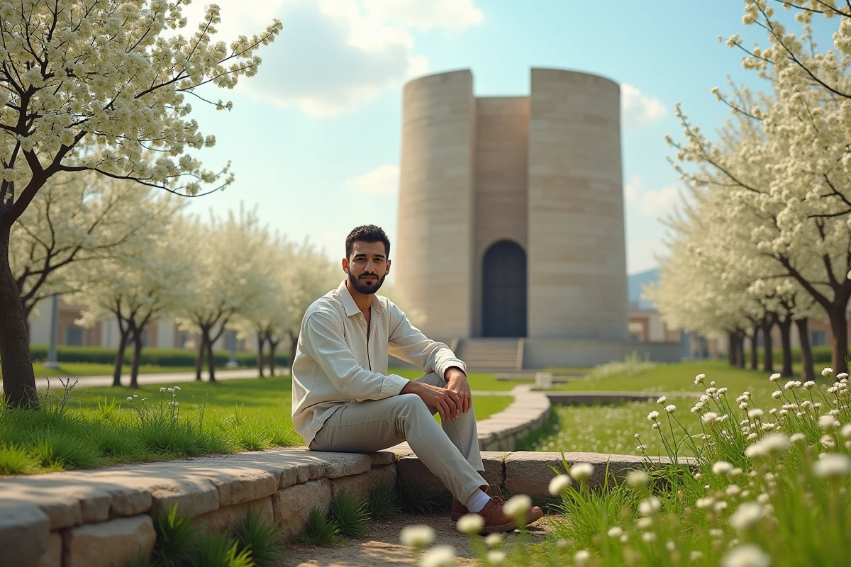 Jeune homme assis près du mausolée d'Avicenne à Hamadan entouré de fleurs de printemps