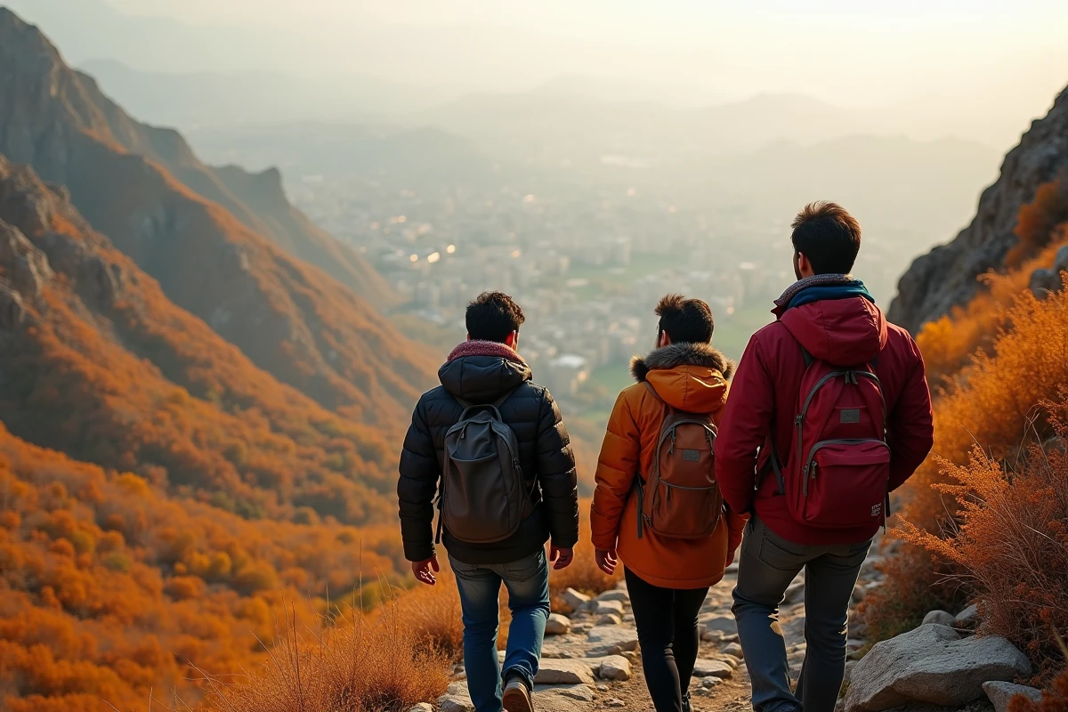 Randonneurs explorant les pentes du mont Alvand près de Hamadan avec un panorama de la vallée en automne