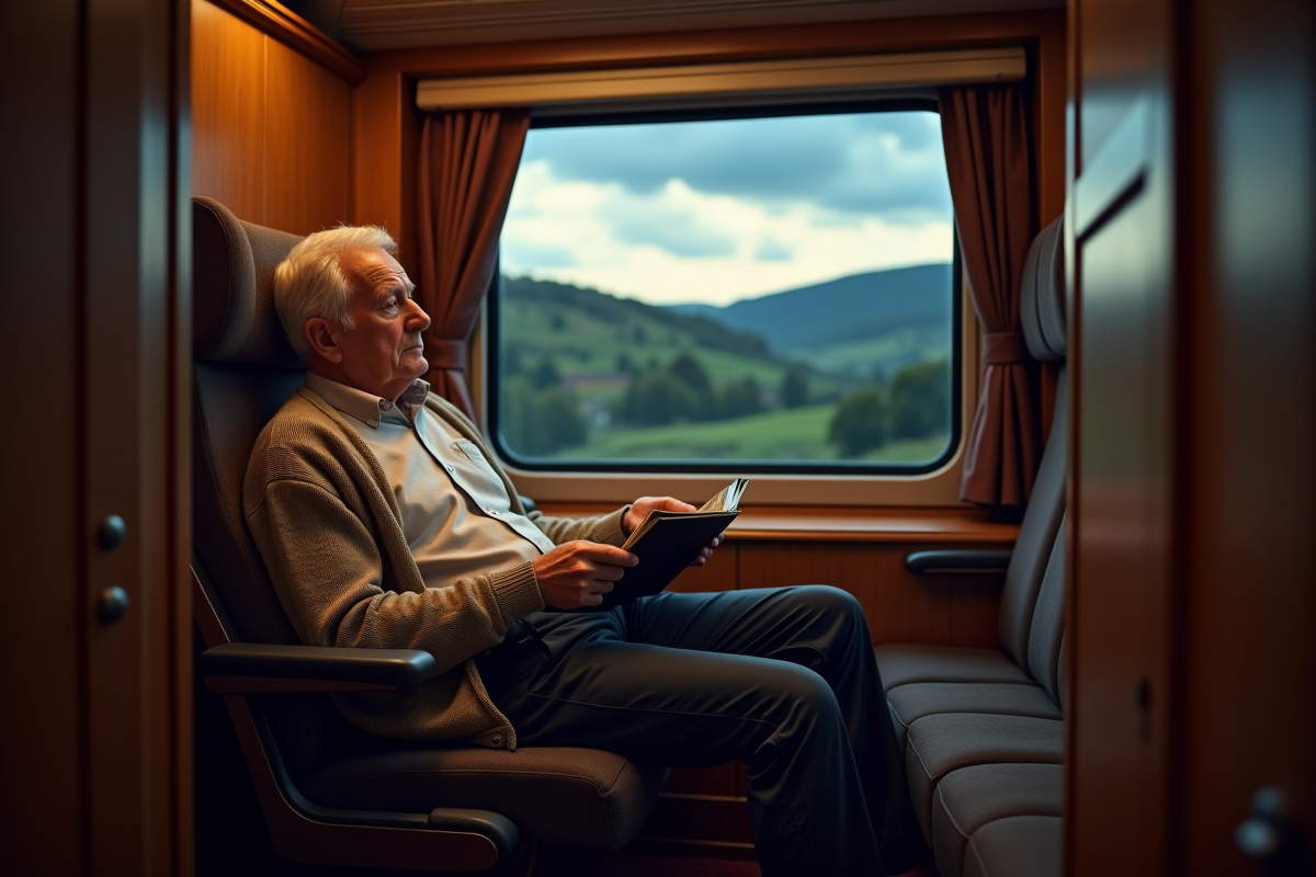Homme âgé lisant dans une cabine de train en campagne italienne