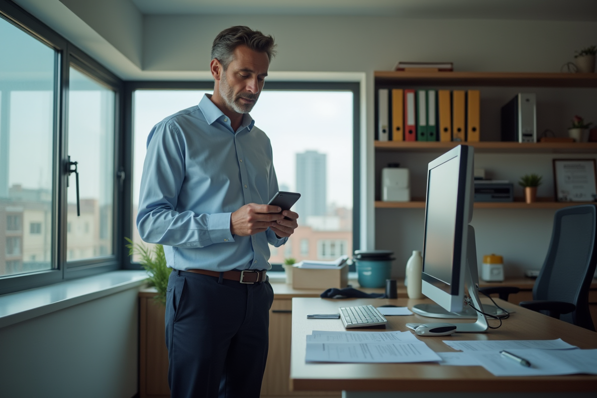 Homme annulant un service dans un bureau avec ordinateur et dossiers