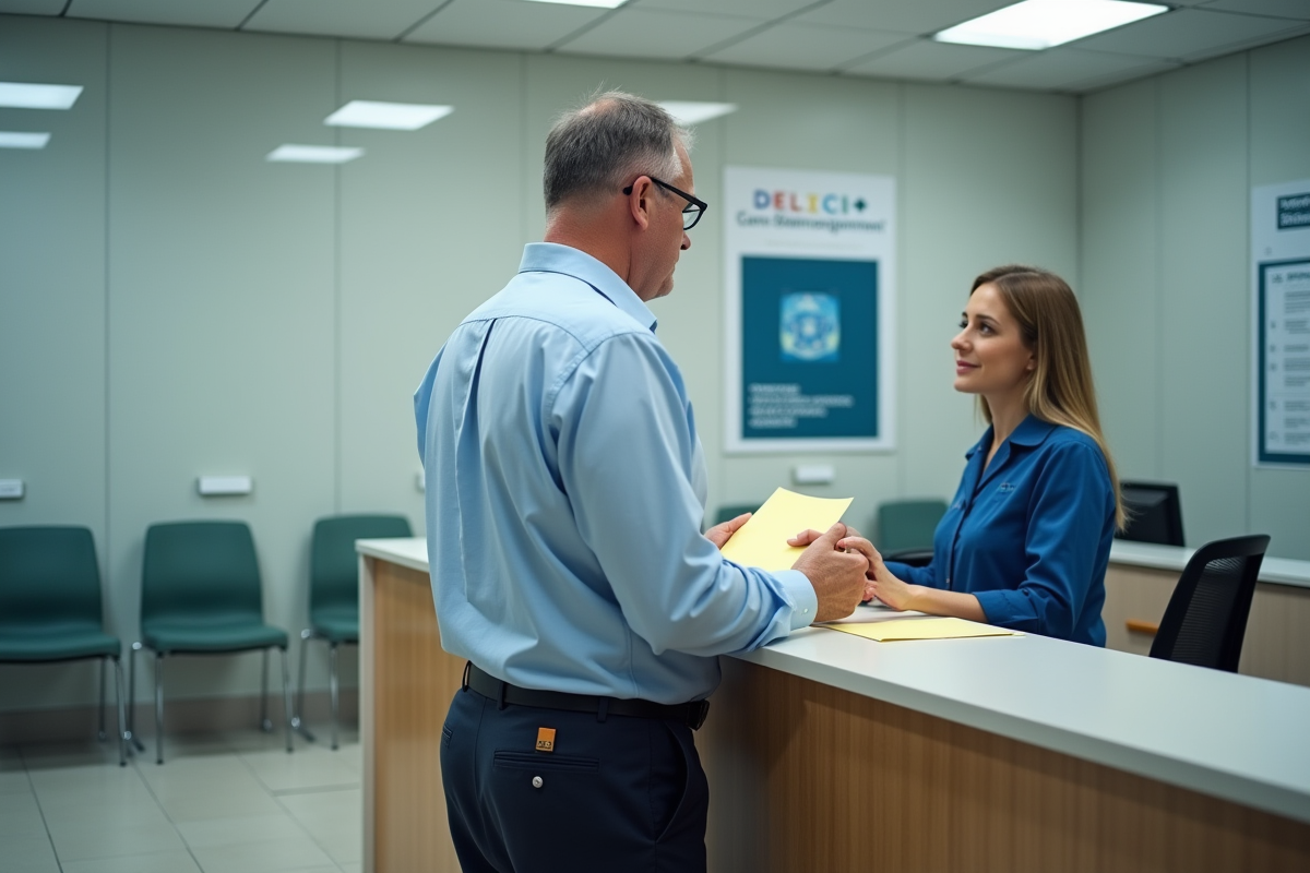 Homme avec certificat de vaccination dans un bureau public pour un article santé
