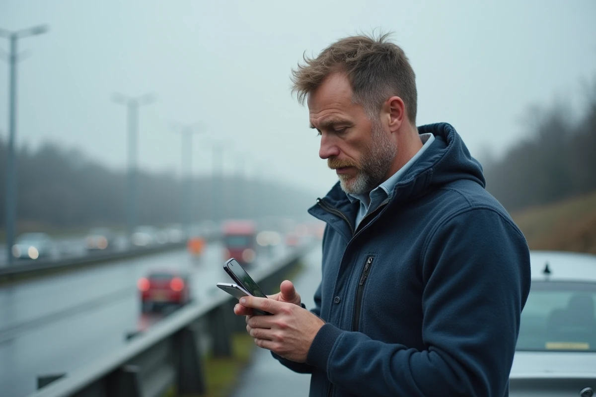 Homme consultant ses frais de trajet sur smartphone devant sa voiture à une aire d'autoroute lors d'un voyage planifié avec ViaMichelin