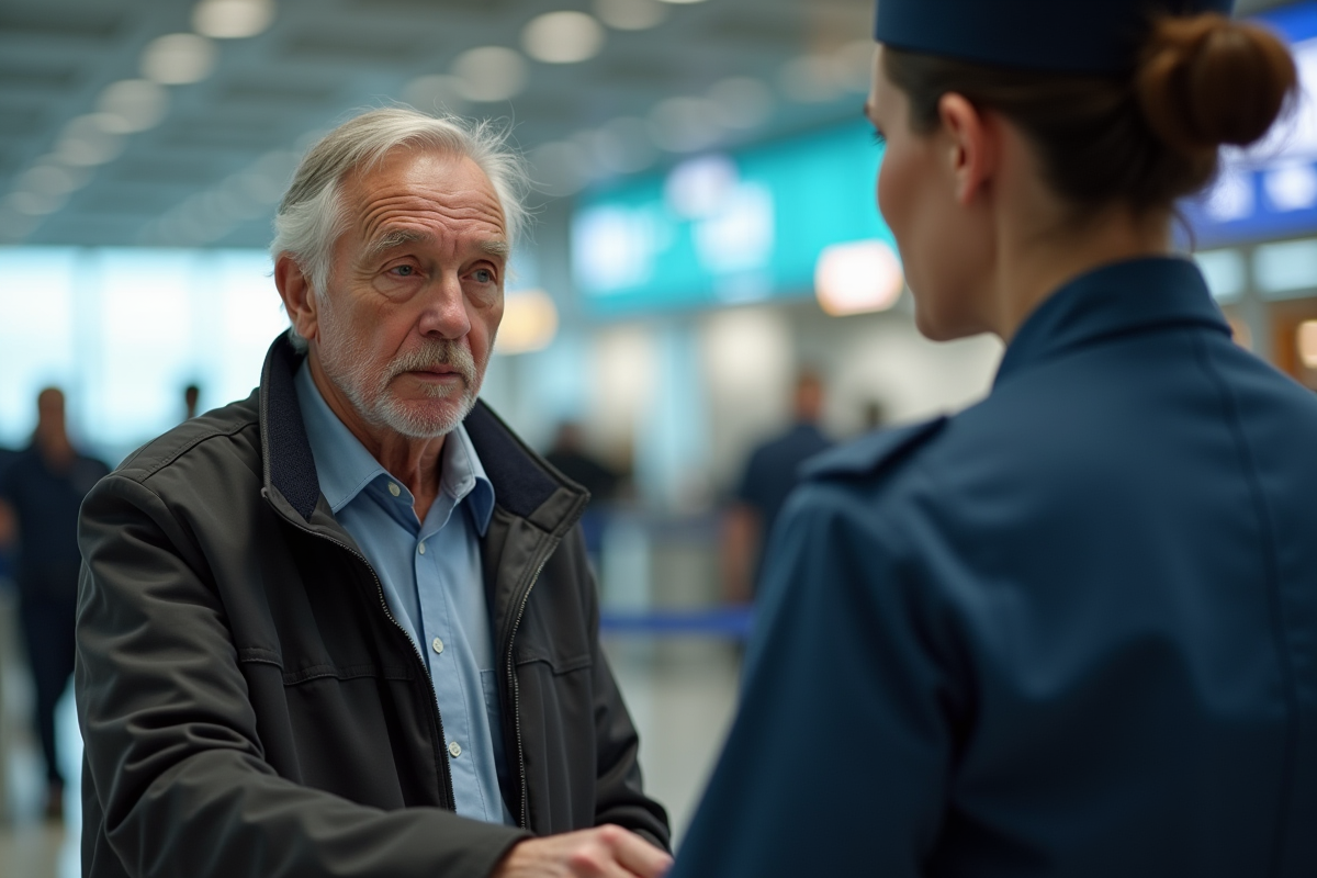 Homme âgé parlant avec un agent de l