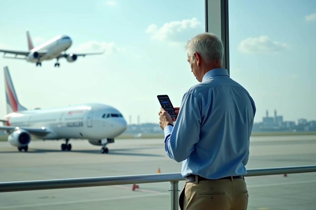 Homme regardant le ciel près d un aéroport avec avion en vol