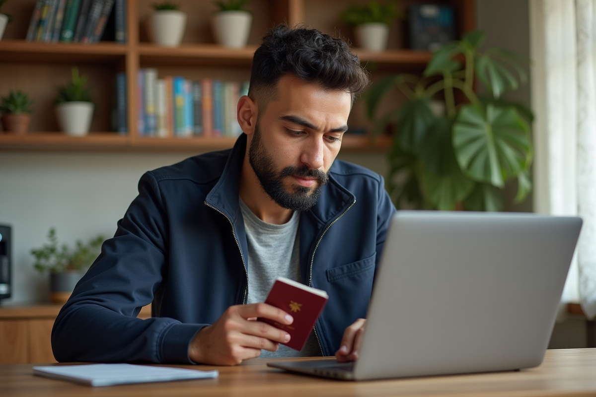 Homme marocain vérifiant son passeport à la maison