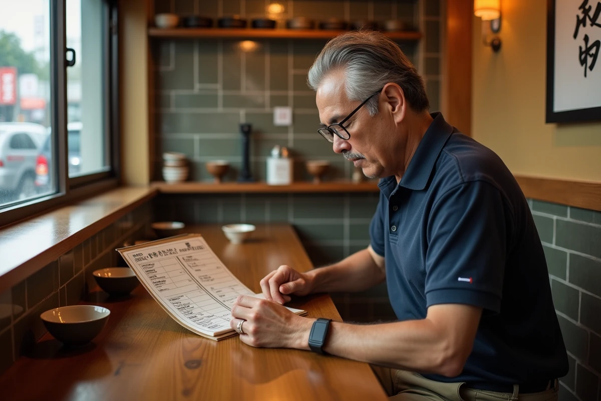 Homme lisant un menu japonais dans un petit restaurant de ramen traditionnel à Tokyo