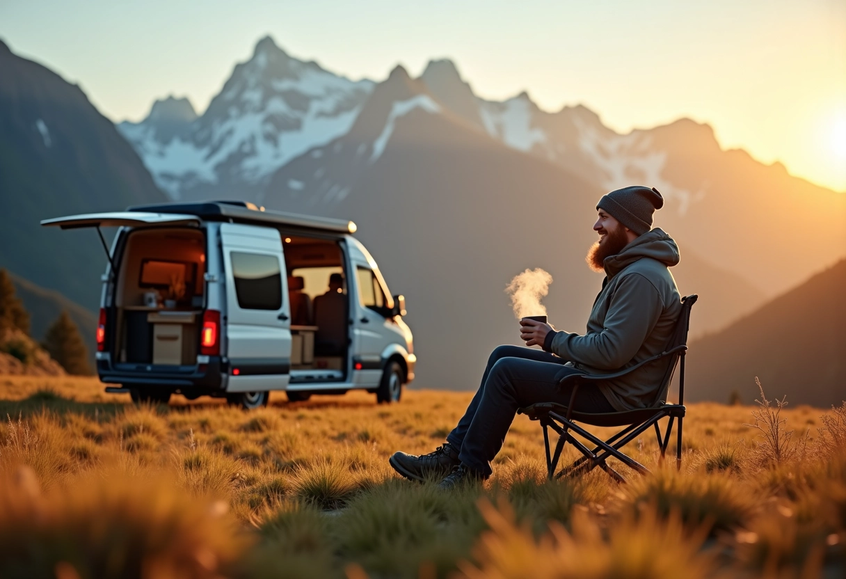 Homme souriant avec van en montagne au lever du soleil