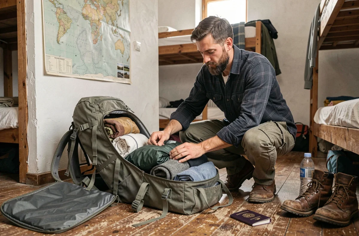 Voyageur barbu préparant son sac à dos dans un dortoir d'auberge de jeunesse, entouré d'accessoires de voyage