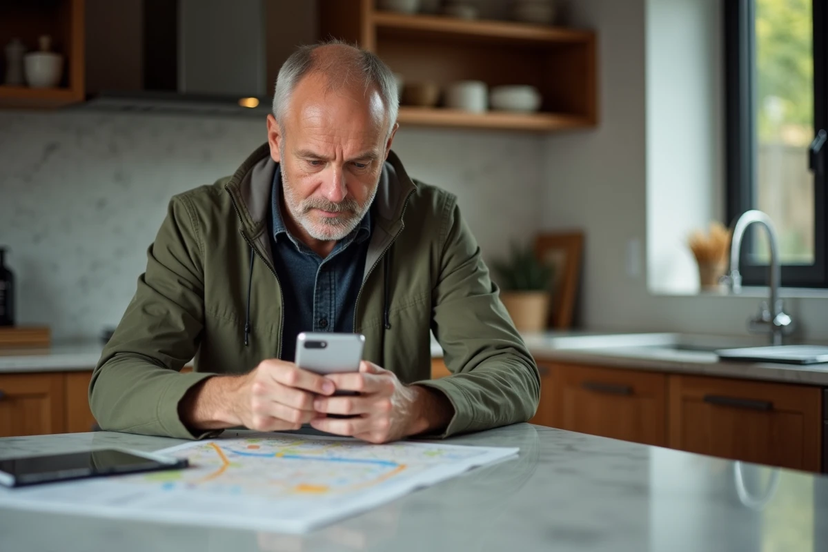Homme en cuisine planifiant un trajet avec son smartphone