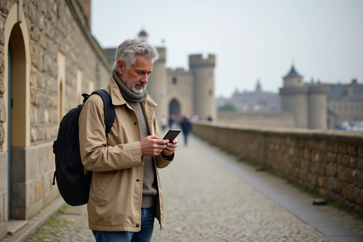 Homme regardant son smartphone près des remparts de Guérande