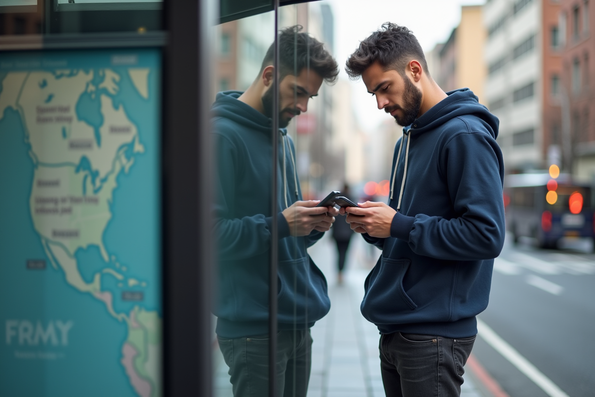 Jeune homme au smartphone à un arrêt de bus en ville