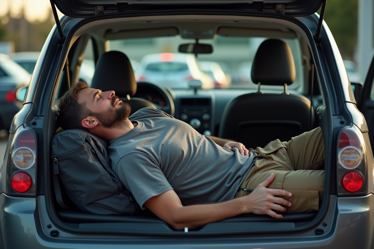 Homme endormi dans sa voiture en station service