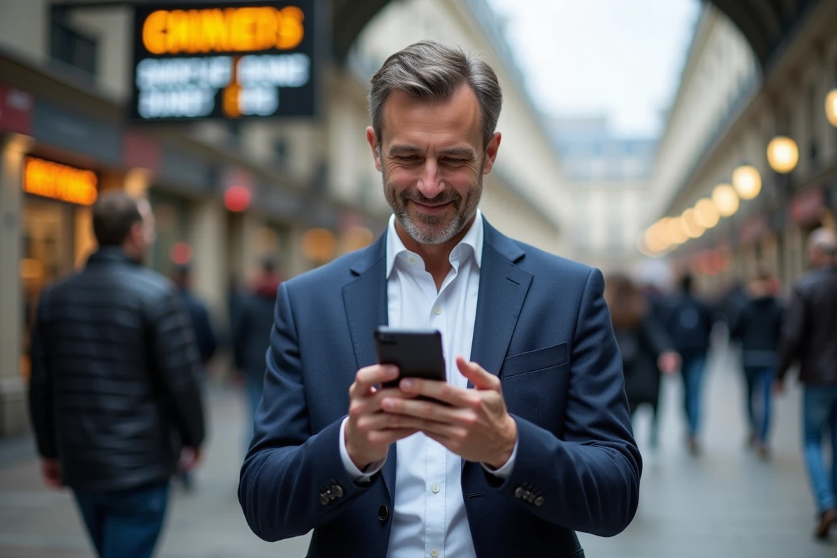 Homme vérifiant des offres de vol devant une gare parisienne