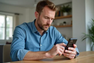 Homme d'âge moyen utilisant son smartphone dans un appartement moderne