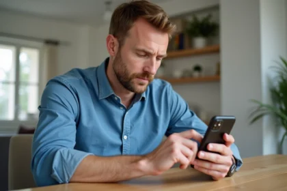 Homme d'âge moyen utilisant son smartphone dans un appartement moderne