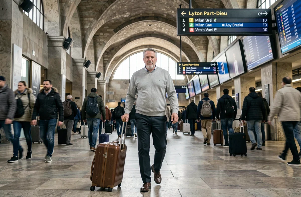 Homme avec valise dans la gare de Lyon Part-Dieu, panneau d'affichage montrant les connexions train vers Venise et Milan